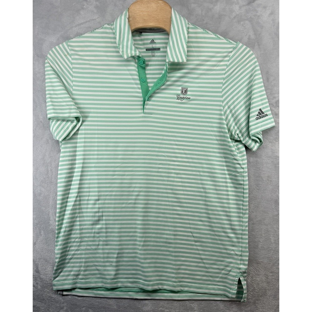Adidas‎ Golf Polo Peformance Green Striped Shirt Longview Logo Men's Size L